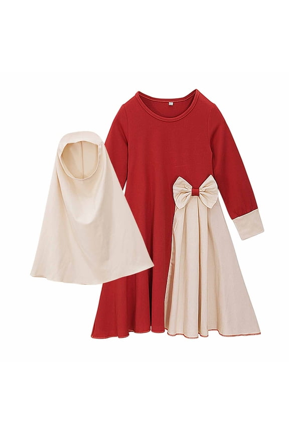 Toddler Kids Girls Muslim Islamic Thobe Dress and Scarf Hijab Muslim Long Dress Two-Piece Set 2024 Red 3-4 Years