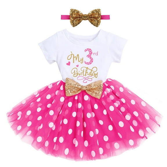 Toddler Kids Girls My 3rd Third Birthday Dress Cake Smash Outfit Three Years Old Party Cotton Short Sleeve Polka Dots Tutu Dress with Sequin Bowknot Headband Set Summer Clothes
