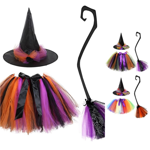 Toddler Kids Girls Outfits Rainbow Witch Tutu Skirt with Hat Broom Halloween Dress Up Clothes Set 2-4 Years