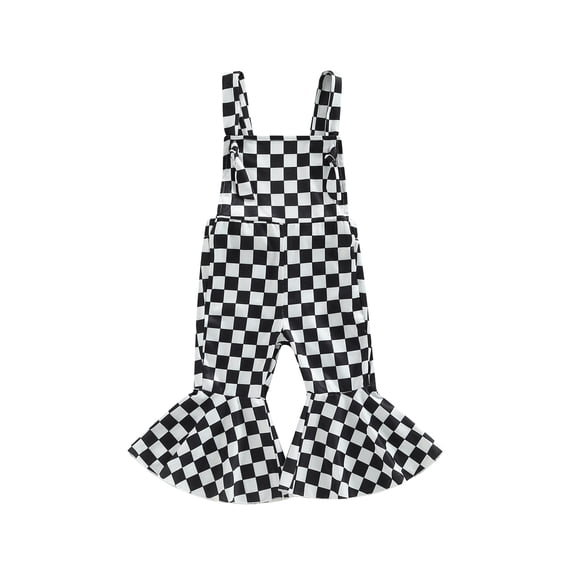 Toddler Kids Girls Overalls Checkerboard Plaid Print Sleeveless Flare Pants Jumpsuits Summer Casual One-Piece Outfit