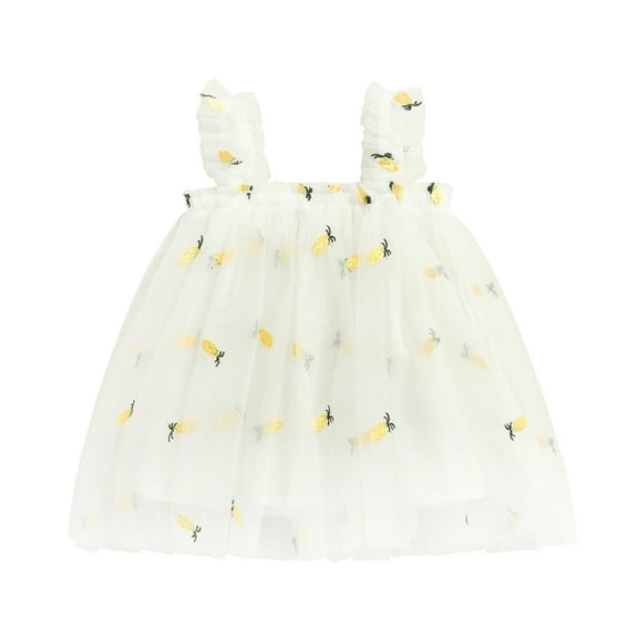 Toddler Kids Girls Princess Dress Daisy/Fruit Embroidery Sleeveless Sling Dress Summer Casual Mesh Tulle Fluffy Dress