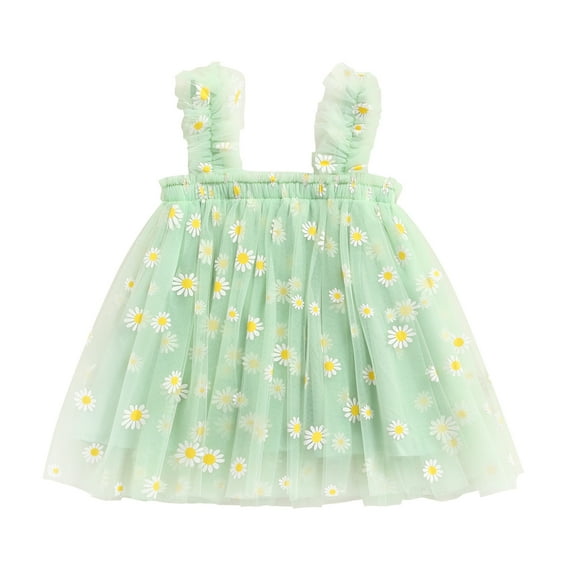 Toddler Kids Girls Princess Dress Daisy/Fruit Embroidery Sleeveless Sling Dress Summer Casual Mesh Tulle Fluffy Dress