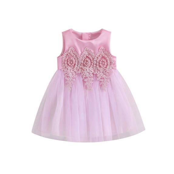 Toddler Kids Girls Princess Party Dress 0-5Y Sleeveless Flowers Embroidery Pearl Mesh Lace Tutu Sundress