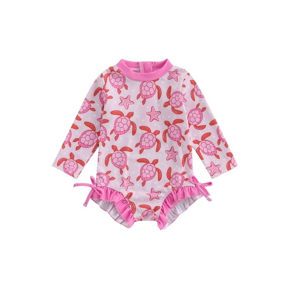 Toddler Kids Girls Rash Guard Swimsuit Rompers 3 6 12 18 24 Months 2T 3T 4T 5T Long Sleeve Turtle Print Baby Ruffles Bathing Suit Swimwear