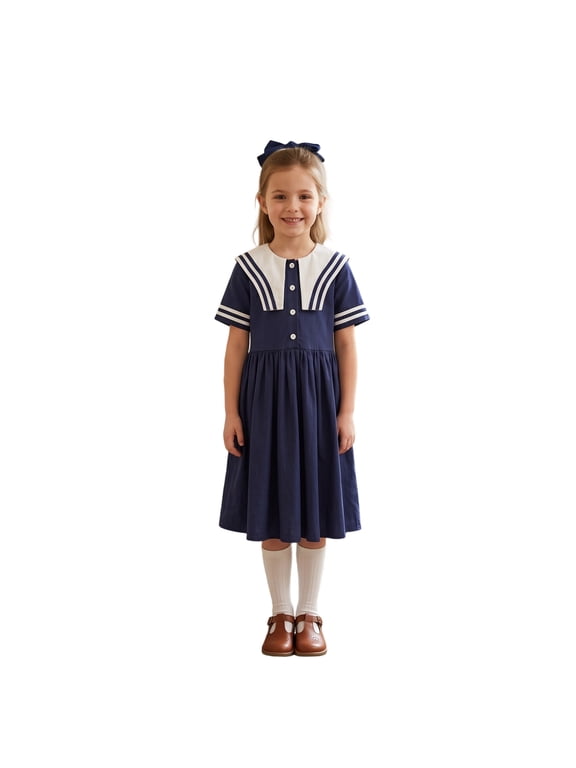 Toddler Kids Girls School Dresses Sailor Collar Stripe Print Short Sleeve Collared Cute A-Line Dress for Uniform 5-6 Years