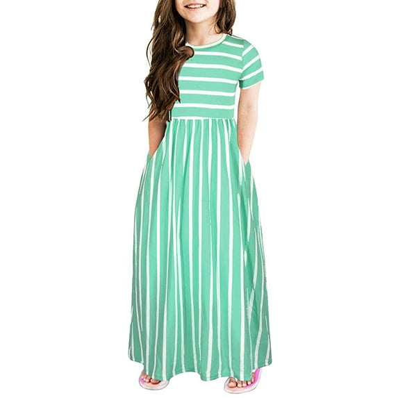 Toddler Kids Girls Short Sleeve Stripe Dress Summer Casual Loose Dresses Holiday Long Maxi Dress with Pockets