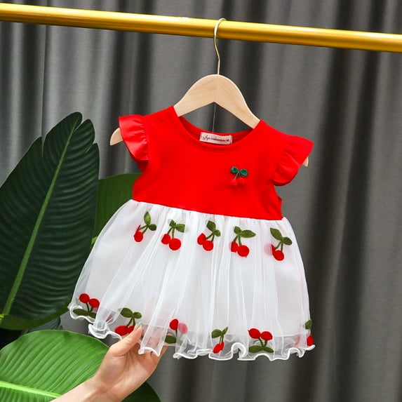 Toddler Kids Girls Skirt Red Cherry Style Summer Short Sleeved Dress Stitching Embroidery Skirt Tutu Dress for 6 Months-3 Years
