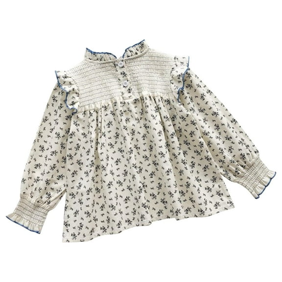 Toddler Kids Girls Spring Casual Long Sleeve Ruffle Floral Shirt Vintage Stand Collar Loose Blouse Baby Princess Cute Tops
