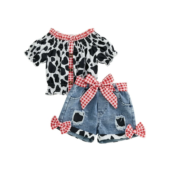 Toddler Kids Girls Summer Outfit 12 19 24 Months 2T 3T 4T 5T Cow Print Short Sleeve T-Shirt and Elastic Ripped Denim Shorts with Belt Clothing Set