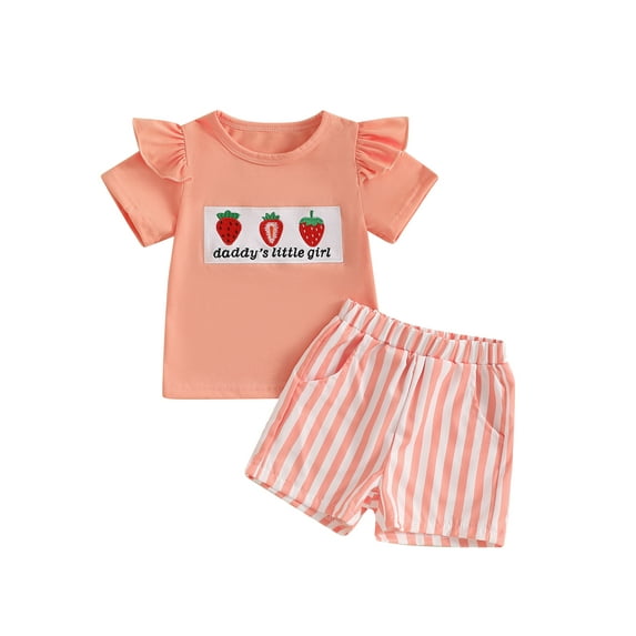 Toddler Kids Girls Summer Outfit 6 12 18 24 Months 2T 3T 4T Embroidery Flying Sleeve T-Shirt and Elastic Striped Shorts Set Cute 2 Piece Clothes