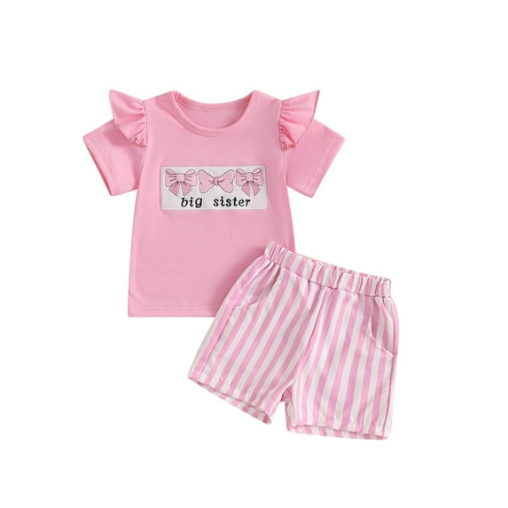 Toddler Kids Girls Summer Outfit 6 12 18 24 Months 2T 3T 4T Embroidery Flying Sleeve T-Shirt and Elastic Striped Shorts Set Cute 2 Piece Clothes
