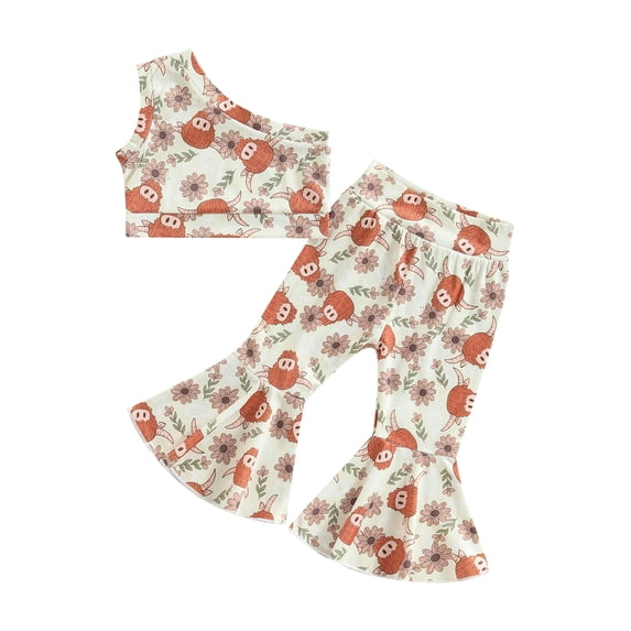 Toddler Kids Girls Summer Outfits Bull Head Floral Print One Shoulder Tank Tops and Casual Elastic Flared Pants Set
