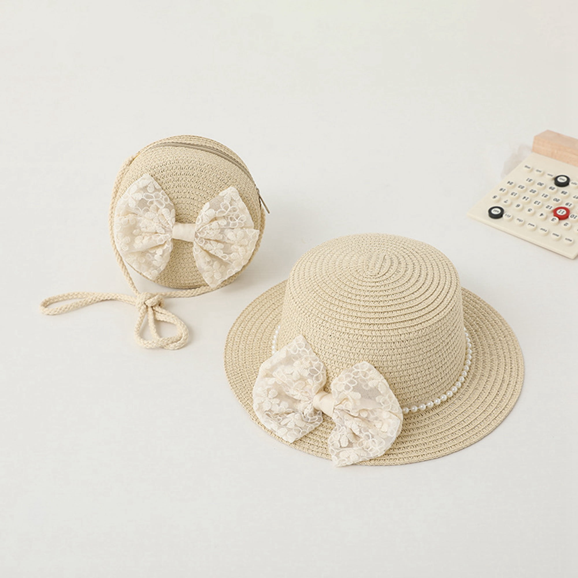 Toddler Kids Girls Summer Straw Hat and Bag Set, Little Girls Wide Brim
