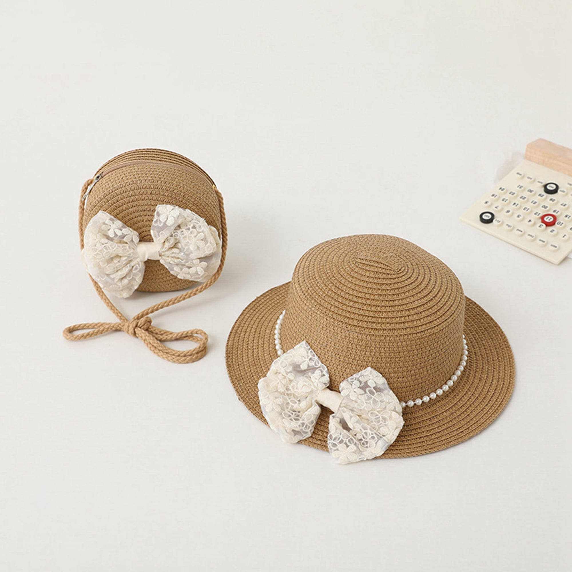 Toddler Kids Girls Summer Straw Hat and Bag Set, Little Girls Wide Brim