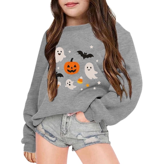 Toddler Kids Girls Sweatshirt Halloween Long Sleeve Cartoon Print Tops Casual Crew Neck Breathable Black Pullover Sweater,Grey,5-6 Years