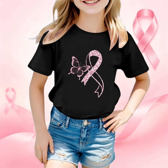 Toddler Kids Girls T Shirts Short Sleeve Breast Cancer Awareness Month Printed Tee Shirts Casual Crewneck Casual Loose Tops 5-6 Years