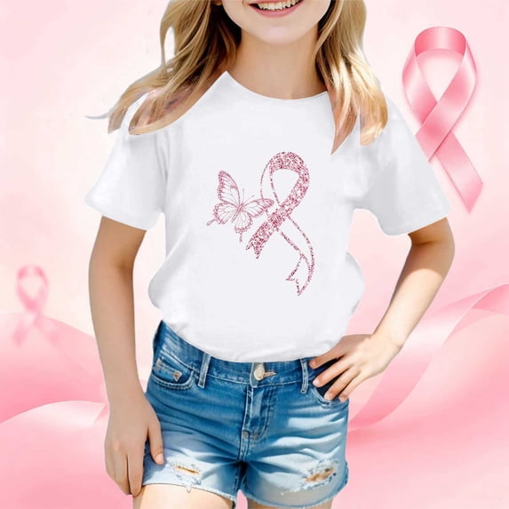 Toddler Kids Girls T Shirts Short Sleeve Breast Cancer Awareness Month Printed Tee Shirts Casual Crewneck Casual Loose Tops 9-10 Years