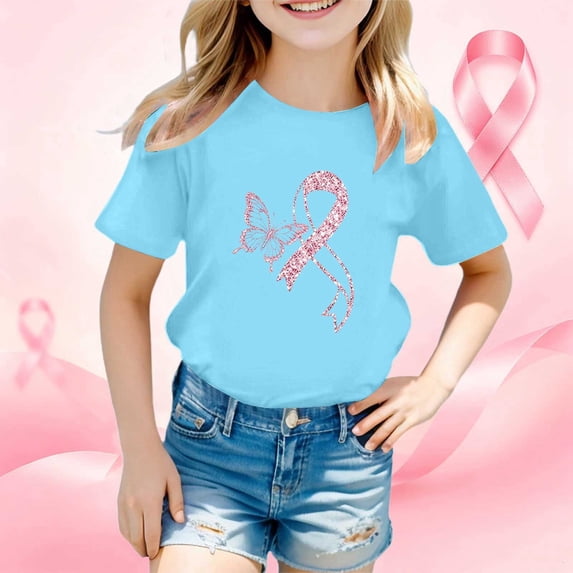 Toddler Kids Girls T Shirts Short Sleeve Breast Cancer Awareness Month Printed Tee Shirts Casual Crewneck Casual Loose Tops 9-10 Years