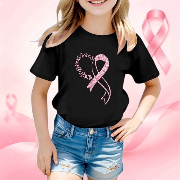 Toddler Kids Girls T Shirts Short Sleeve Breast Cancer Awareness Month Printed Tee Shirts Casual Crewneck Summer Tops Tees 5-6 Years