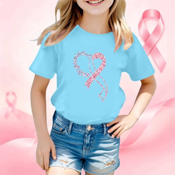 Toddler Kids Girls T Shirts Short Sleeve Breast Cancer Awareness Month Printed Tee Shirts Casual Crewneck Summer Tops Tees 9-10 Years