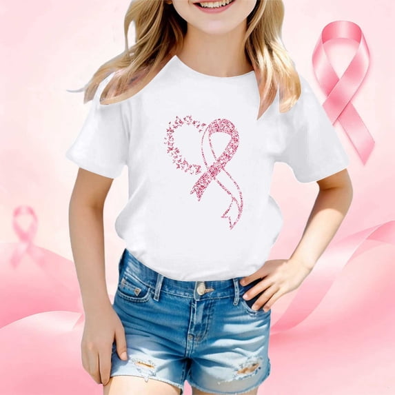 Toddler Kids Girls T Shirts Short Sleeve Breast Cancer Awareness Month Printed Tee Shirts Casual Crewneck Summer Tops Tees 9-10 Years