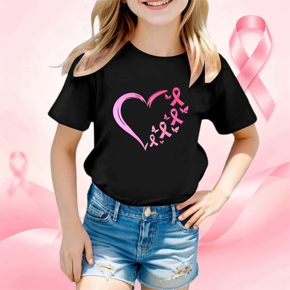 Toddler Kids Girls T Shirts Short Sleeve Breast Cancer Awareness Month Printed Tee Shirts Casual Crewneck Tshirt Tops 5-6 Years