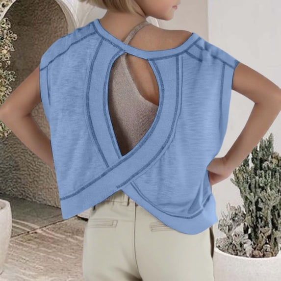 Toddler Kids Girls T Shirts Short Sleeve Loose Casual Fitness Shirts Backless Top Backless Yoga Sports Running Shirts Summer Tops Tees 5-6 Years