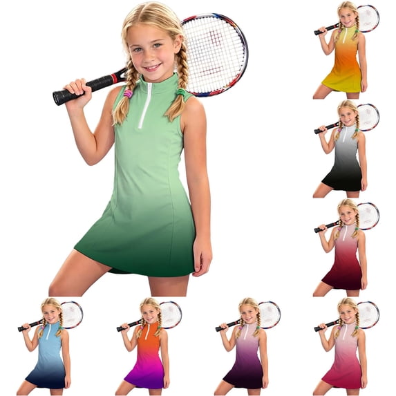 Toddler Kids Girls Tennis Dress Sleeveless Zip Up Stand Collar Gradient Athletic Summer Dresses For Sports Activities,Light Green,14-15 Years