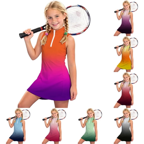 Toddler Kids Girls Tennis Dress Sleeveless Zip Up Stand Collar Gradient Athletic Summer Dresses For Sports Activities,Orange,6-7 Years