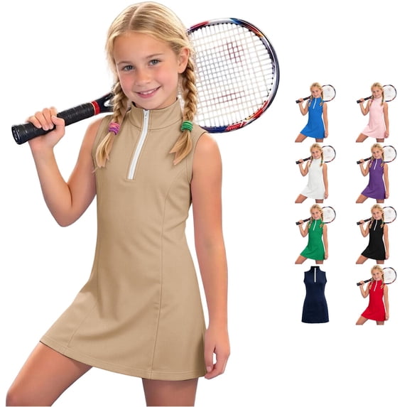 Toddler Kids Girls Tennis Dress Sleeveless Zip Up Stand Collar Solid Color Athletic Summer Dresses For Sports Activities,Khaki,6-7 Years