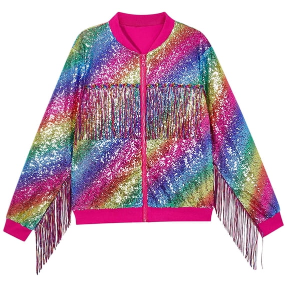 Toddler Kids Girls Tessel Sequin Jacket Long Sleeve Zip Up Sparkly Bomber Jacket Trendy Shiny Sparkle Outwear Birthday Clothes