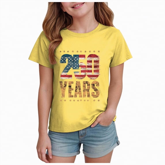 Toddler Kids Girls USA 250th Anniversary T Shirt Cute Patriotic American Flag Print Short Sleeve Tops Lightweight Casual Tee for 1776-2026 America 250 Years Gibobby,9-10 Years,Yellow