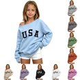 thumbnail image 1 of Toddler Kids Girls USA Graphic Sweatshirt Letter Print Long Sleeve Boat Neck Loose Fit Casual Pullover Top 5-6 Years, 1 of 4