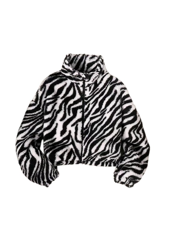 Toddler Kids Girls Zebra Print Fleece Jacket Long Sleeve Zip Up Warm Cozy Windproof Classic Outerwear 8-9 Years