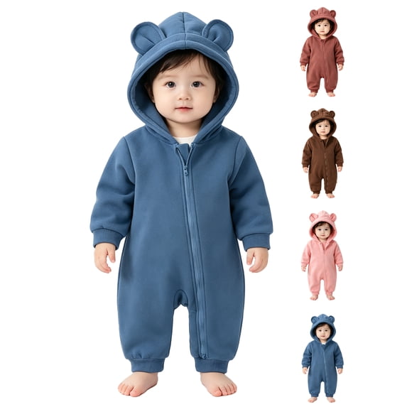 Toddler Kids Hooded Jumpsuit,Cute Warm Solid Color Long Sleeved Zipper Jumpsuit Rompers,Kids Winter Clothes,100%Cotton