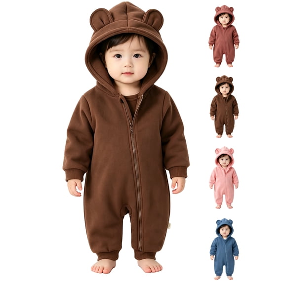 Toddler Kids Hooded Outfit Jumpsuit Rompers,100%Cotton,Cute Warm Solid Color Long Sleeved Zipper Kids Snowsuit,Winter Kids Essentials