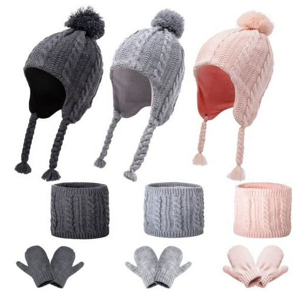 Toddler Kids Infant Winter Hat Set, Earflap Knit Warm Cap Scarf and Mittens Beanie for Baby Boys Girls