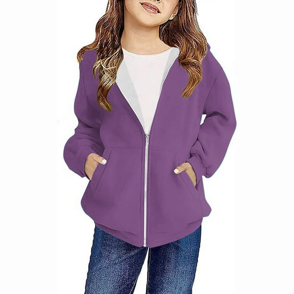 Toddler Kids Jackets Boys Girls Full Zip Hoodies Fashion Cute Solid Color Print Hooded Sweatshirt Casual Loose Long Sleeve Zipper Hoody Outwears with Pocket