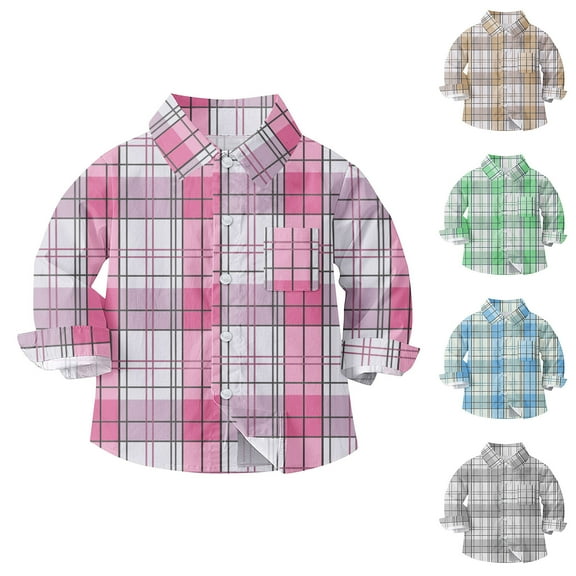 Auroural Boys Button Down Shirts for School Toddler Kids Kids Boys Girl Fashion Cute Lattice Pocket Print Long Sleeves Casual School Uniform Top Shirt Pink 4 Years