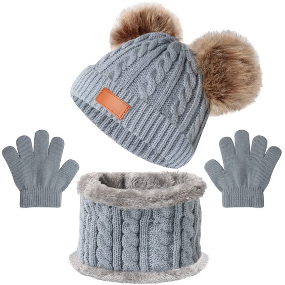 Toddler Kids Knit Beanie Hat Scarf Gloves Set, Winter Warm Double Pompom Cap with Scarf Gloves for Girls Boys 1-5 Years Old (Grey)
