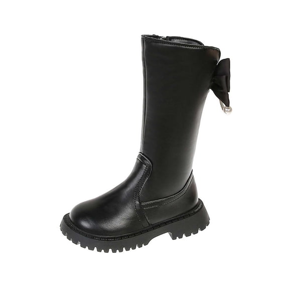 Toddler Kids Leather Knee High Boots for Girls Cute Bowknot Wide Toe Box Platform Non Slip Wide Calf Riding Booties Black Size 2.5 Big Kids