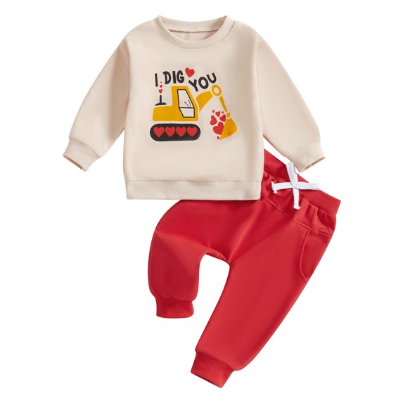 Toddler Kids Little Boy Girl Fall Outfit 12 18 24 Months 2T 3T 4T 5T Excavator Letter Print Long Sleeve Sweatshirt Solid Long Pants 2 Piece Clothing Set