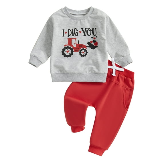 Toddler Kids Little Boy Girl Fall Outfit 12 18 24 Months 2T 3T 4T 5T Excavator Letter Print Long Sleeve Sweatshirt Solid Long Pants 2 Piece Clothing Set