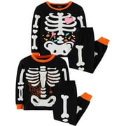 WIBACKER Toddler Kids Little Boy Girl 2pcs Snug Fit Glow-in-the-Dark Halloween Skeleton Pjs Cotton Long Sleeve Sleepwear