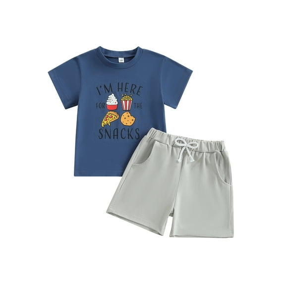 Toddler Kids Little Boy Shorts Set 12 18 24 Months 2T 3T 4T 5T 6T Letter Food Print Short Sleeve T-shirts Solid Elastic Waist Shorts 2 Piece Summer Outfit