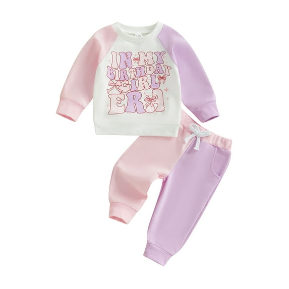 Toddler Kids Little Girl Birthday Outfit 6 12 18 24 Months 2T 3T 4T 5T Long Sleeve Letter Print Sweatshirt with Contrast Color Pants 2 Pcs Clothing Set
