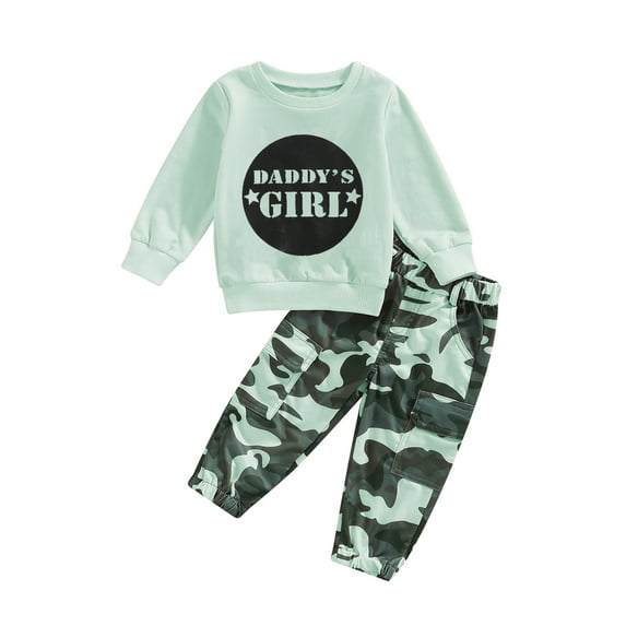 Toddler Kids Little Girl Fall Outfits 1 2 3 4 5 6 Years Letter Print Long Sleeve Crew Neck Sweatshirt with Camouflage Pants 2Pcs Clothes Set