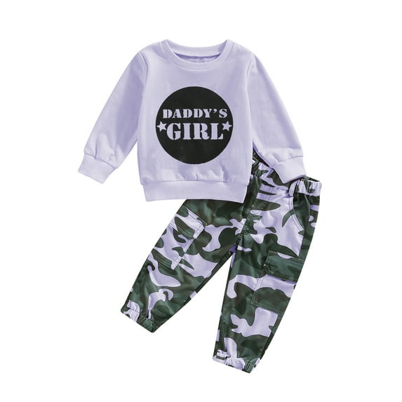 Toddler Kids Little Girl Fall Outfits 1 2 3 4 5 6 Years Letter Print Long Sleeve Crew Neck Sweatshirt with Camouflage Pants 2Pcs Clothes Set