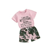 GZHIOC Toddler Kids Little Girl Summer Clothes Set 6 12 18 24 Months 2T 3T 4T 5T Short Sleeve Letter Print T shirt Tops with Camouflage Pattern Shorts 2 Pcs Outfit