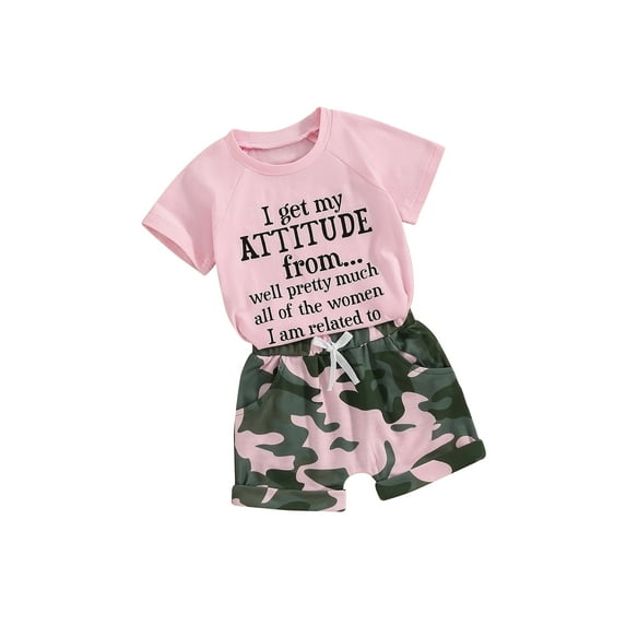 Toddler Kids Little Girl Summer Clothes Set 6 12 18 24 Months 2T 3T 4T 5T Short Sleeve Letter Print T shirt Tops with Camouflage Pattern Shorts 2 Pcs Outfit